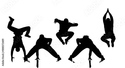People performing acrobatic stunts in various poses and movements, captured in a dynamic illustration