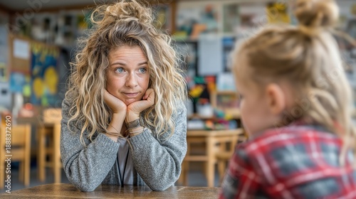 A compassionate female teacher squatting down to eye level, resting her chin on her hands while attentively listening to a young student in a classroom setting, representing empathy, active listening,