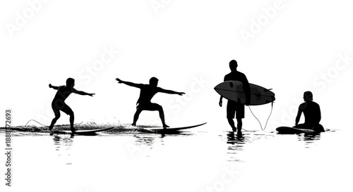 Surfers riding waves and carrying surfboards in a serene ocean scene from a distant viewpoint
