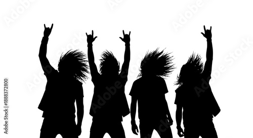 Energetic silhouettes of rock fans dancing at a concert, viewed from the front