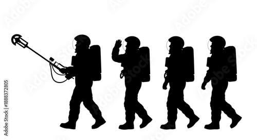 Group of people hiking through wilderness with backpacks and equipment in single file