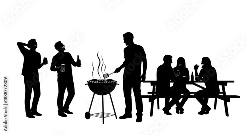 Group of friends gathered around a barbecue grill outdoors on a picnic table