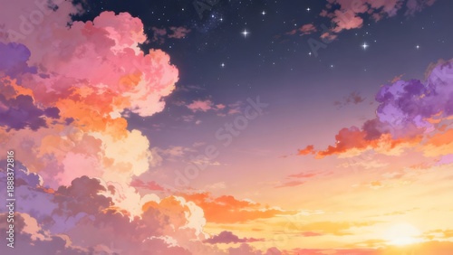 Magical Anime Style Evening Sky with Colorful Sunset Clouds and Emerging Stars