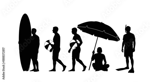 People enjoying a day at the beach with surfboard and umbrella