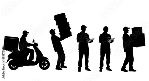 Delivery personnel handling packages on motorcycles and on foot in various poses