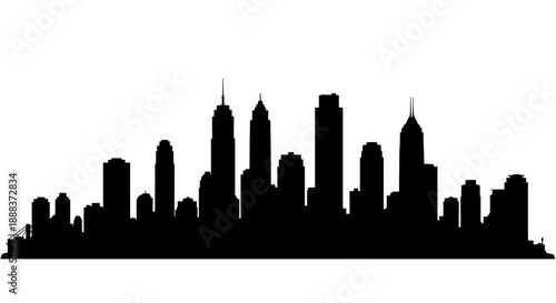 Cityscape silhouette illustration of skyscrapers and buildings in a metropolitan area from a distant viewpoint