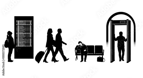 Travelers passing through airport security checkpoint with metal detector and waiting area