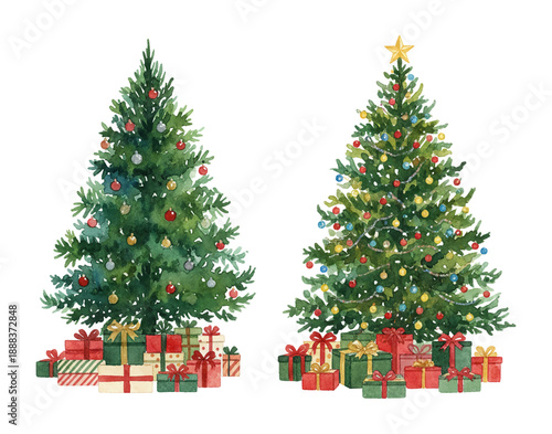 Two festive watercolor Christmas trees with colorful ornaments and wrapped presents ready for holiday celebration