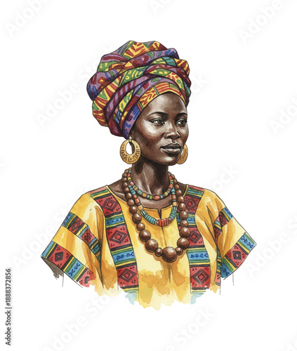 African Black Woman Posing Calmly in Traditional Colorful Headwrap and Patterned Yellow Dress with Jewelry