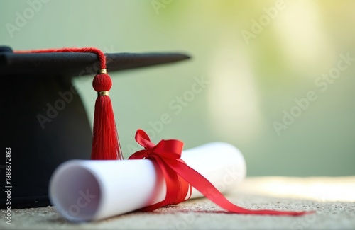 Graduation cap and rolled diploma lie on textured surface. Red tassel and ribbon add color. This signifies academic achievement and formal education success.