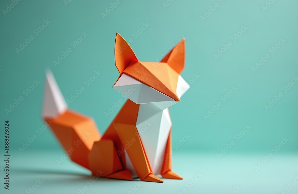 Naklejka premium Orange, white paper origami fox figure sits against teal background. Stylized animal craft art captures attention with geometric form, bright colors. Simple, clean design for various creative uses.