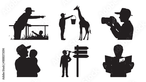 Zoo visitors and safari activities in engaging black and white graphic silhouette illustration for wildlife park promotions and travel guides.