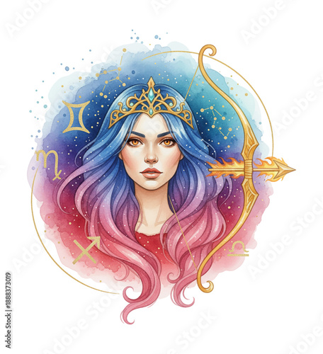 Serene Woman Portrait as Sagittarius Zodiac Sign with Bow and Arrow Golden Crown Watercolor