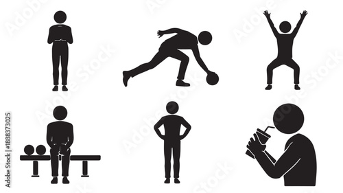 Diverse human stick figures performing various actions in minimalist pictogram style with black and white isolated vector format for activity representation.