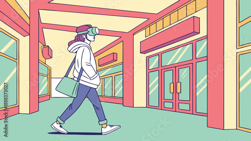 Virtual Reality Journey: A person immersed in a virtual reality experience walks through a stylized indoor corridor, seamlessly blending the digital and physical realms.