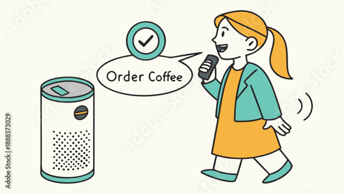 Smart Order: A young girl, animated and filled with energy, uses a sleek voice-activated device to place a coffee order, highlighting the seamless fusion of technology and daily life.