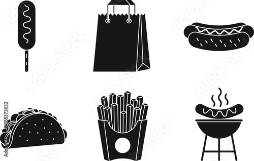 Black vector silhouette set of popular fast food items including a hot dog corn dog taco french fries shopping bag and charcoal grill,