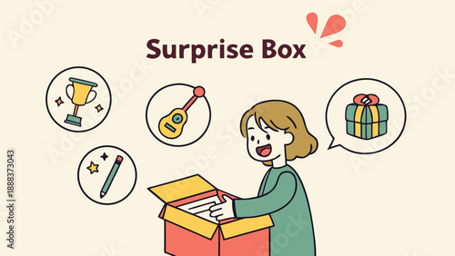 Curious Discovery: A moment of joyful discovery as a woman opens a mystery box, surrounded by symbols of potential rewards and delightful surprises. 