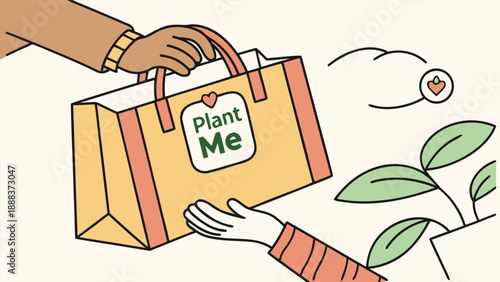 Plant a Seed: A hand tenderly offers a bag labeled Plant Me to another hand, symbolizing the nurturing of new life and the act of giving. It represents growth, giving, and the simple beauty of nature.