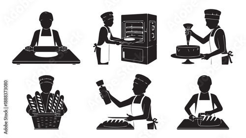 Professional Bakers at Work Silhouettes in a Clean Black and White Vector Illustration for Culinary Arts and Food Industry Branding.