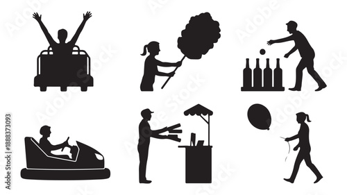 Amusement Park Activities Joyful Silhouette Black and White Graphic Vector Illustration for Entertainment Industry Design.