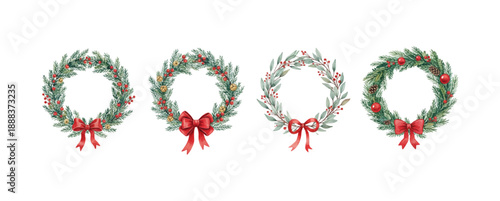 Watercolor Christmas wreaths collection with red bows berries bells ornaments and pine cones festive holiday decoration