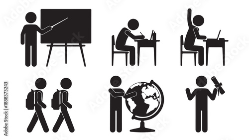 Education Stick Figures Set with Diverse Student Activities in Simple Black and White Vector Pictogram for School and Learning Resources.
