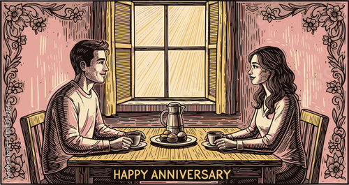 Romantic couple enjoying anniversary coffee in vintage styled room