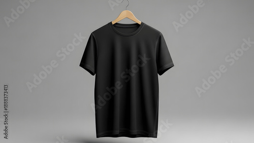 Black tshirt hanging on wooden hanger against gray background for fashion design  casual wear transparent background