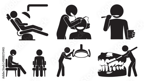 Dental Care Stick Figure Icons with Simple Informative Style in Black and White Graphic Vector Pictogram Set for Healthcare and Oral Hygiene Education.