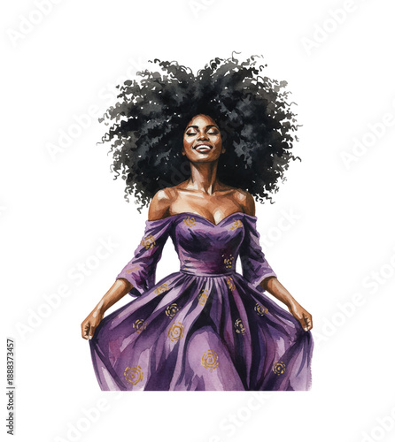 African American woman joyfully smiling with eyes closed wearing a beautiful flowing purple dress