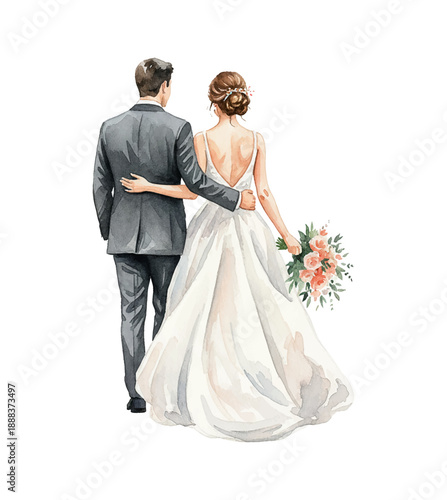Newlywed couple walking together embracing in wedding gown and suit holding a flower bouquet from behind