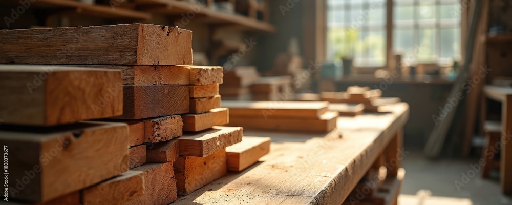 Obraz premium Wood planks stacked in a workshop. Natural timber, carpentry materials ready for furniture making. Sunlight streams through window onto workshop table.