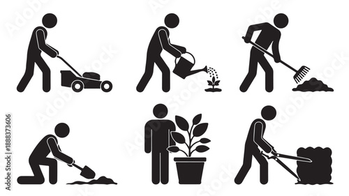 Gardening activities illustration with simple instructional style in black and white vector graphic icons for educational and service promotion.