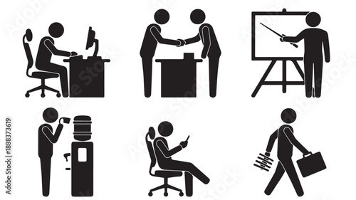 Business People Stick Figures Illustrative Professional Black and White Graphic Vector Icon Set for Office Workflow Concepts.