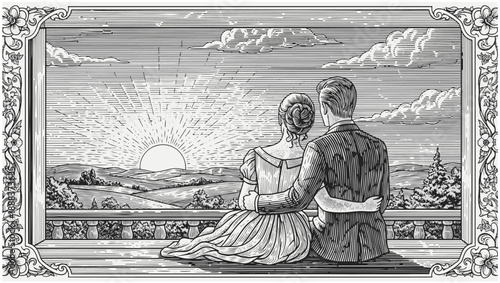 Vintage couple watching sunset in decorative frame illustration