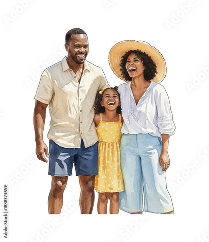 African American family man woman and child standing together laughing happily with big smiles in a joyful mood