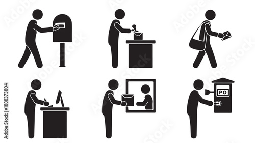 Postal Service Actions and Mail Delivery Silhouette Icons with Simple Black and White Vector Graphics for Logistics and Communication Design.