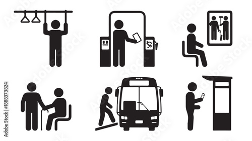 Public Transport Users in Modern Minimalist Black and White Vector Pictogram Set for Urban Mobility Design.