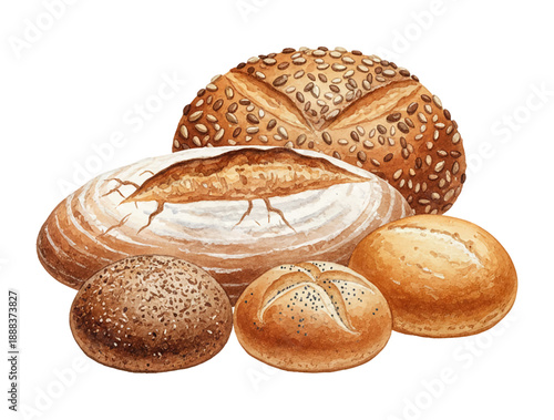 Assortment of freshly baked artisan bread and rolls with various seeds in warm watercolor illustration