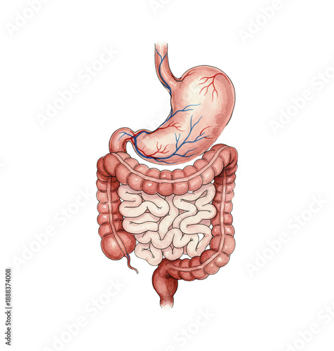 Human Digestive System Anatomy Stomach and Intestines Medical Diagram Detailed Watercolor Illustration