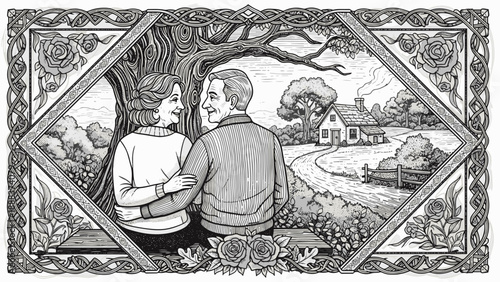 Elderly couple embracing under tree in vintage countryside illustration