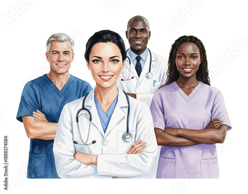 A diverse group of smiling confident multi ethnic doctors and healthcare professionals standing with arms crossed
