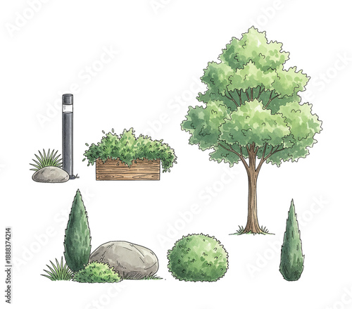 Watercolor illustration set of garden and landscape elements including trees bushes rocks and a light post