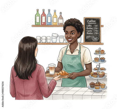 Happy Smiling African American Barista Serving Coffee and Croissant to a Woman Customer in a Cafe