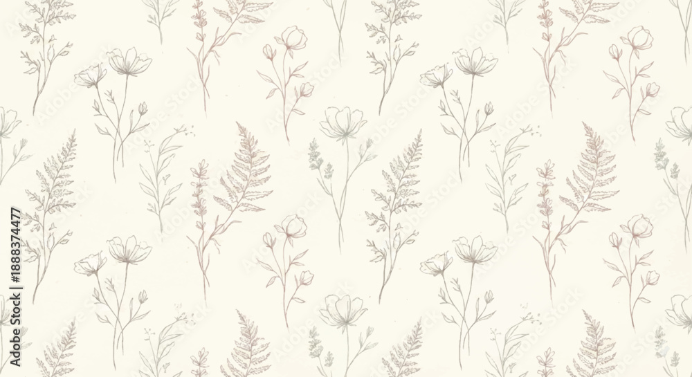 Fototapeta premium Delicate Floral Line Art Seamless Pattern