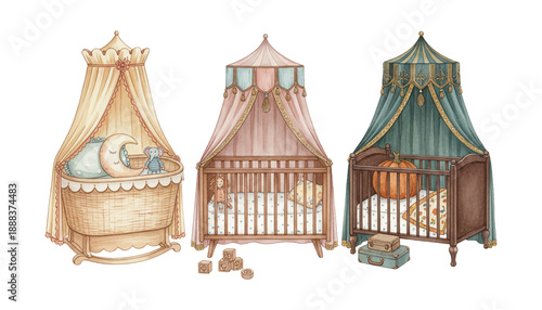 Whimsical Baby Nursery Furniture Collection with Three Detailed Cribs Bassinet and Canopies for Children Bedroom