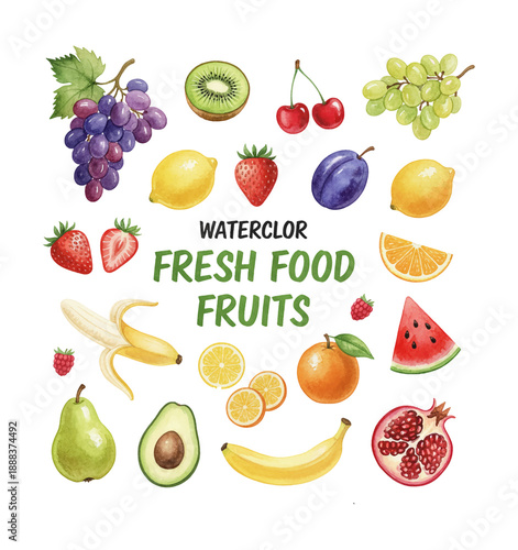 Vibrant Watercolor Fresh Fruits Collection Healthy Food Illustration with Grapes Kiwi Cherries Strawberries Lemons Plums Bananas Pears Oranges Avocados Watermelons Pomegranates