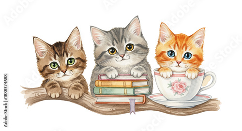 Adorable watercolor kittens looking curious a brown tabby on a branch a grey tabby on books and an orange tabby in a teacup