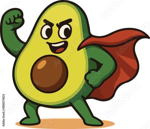 A cartoon avocado character wearing a red cape and flexing its arm in a powerful pose.